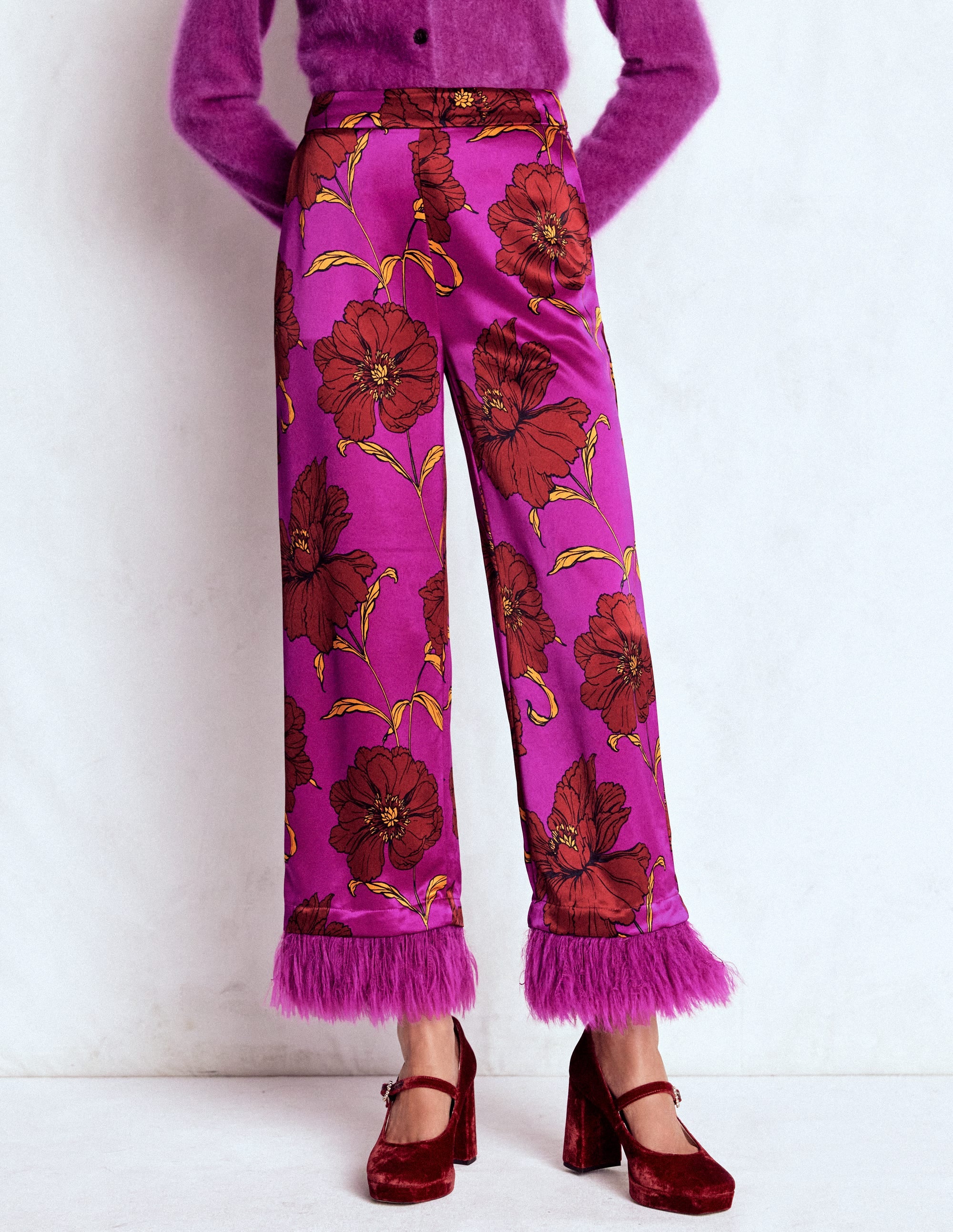 Faux Feather Trim Pants-Regal Purple, Peony Bloom - Image 4