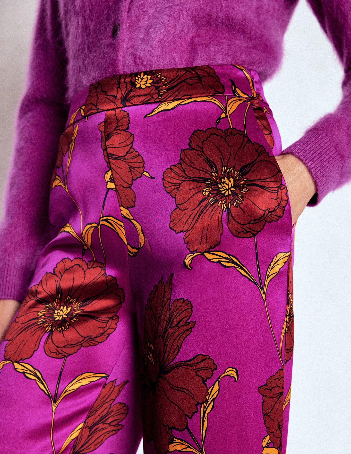 Faux Feather Trim Pants-Regal Purple, Peony Bloom