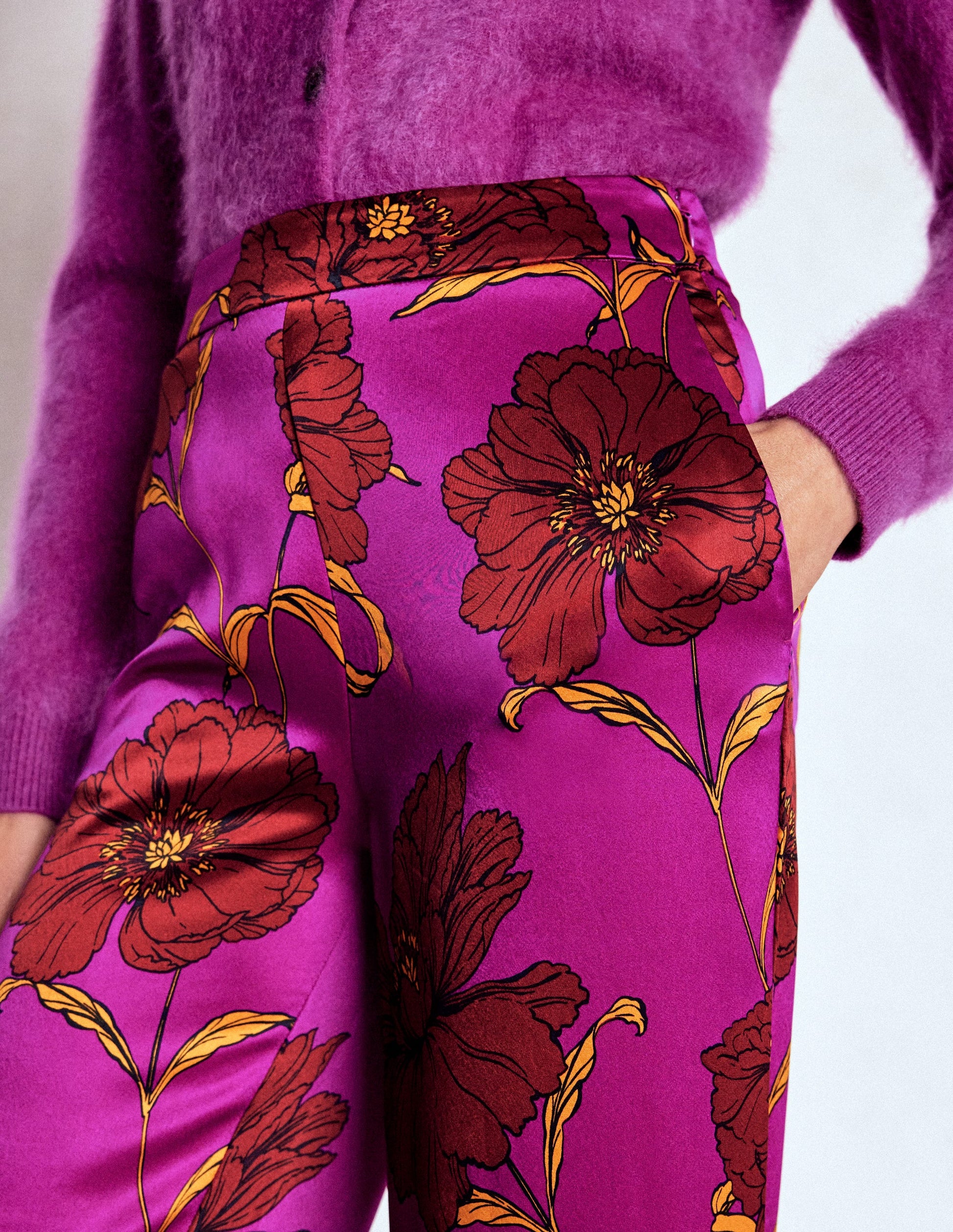 Faux Feather Trim Pants-Regal Purple, Peony Bloom-5