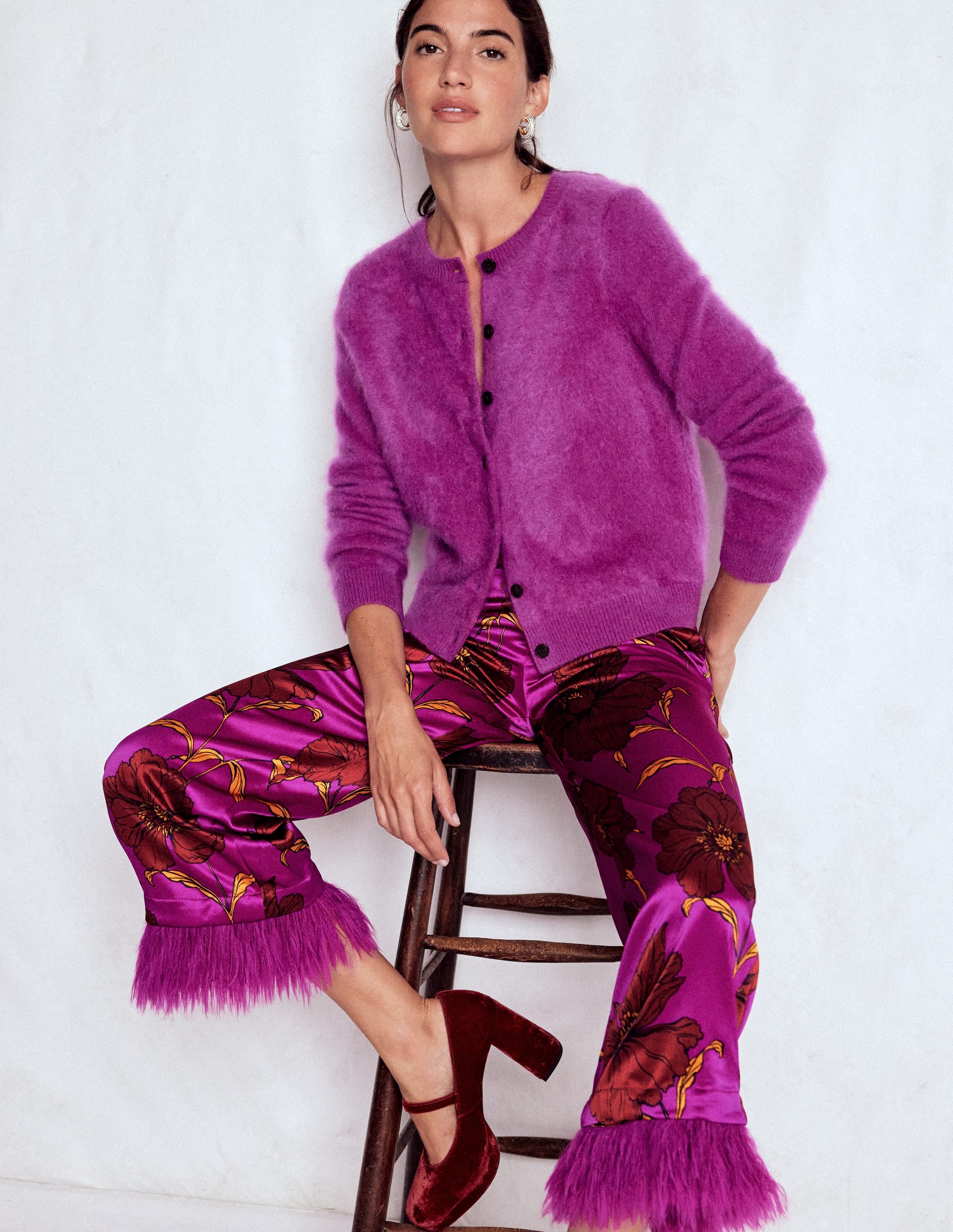 Faux Feather Trim Pants-Regal Purple, Peony Bloom - Image 6