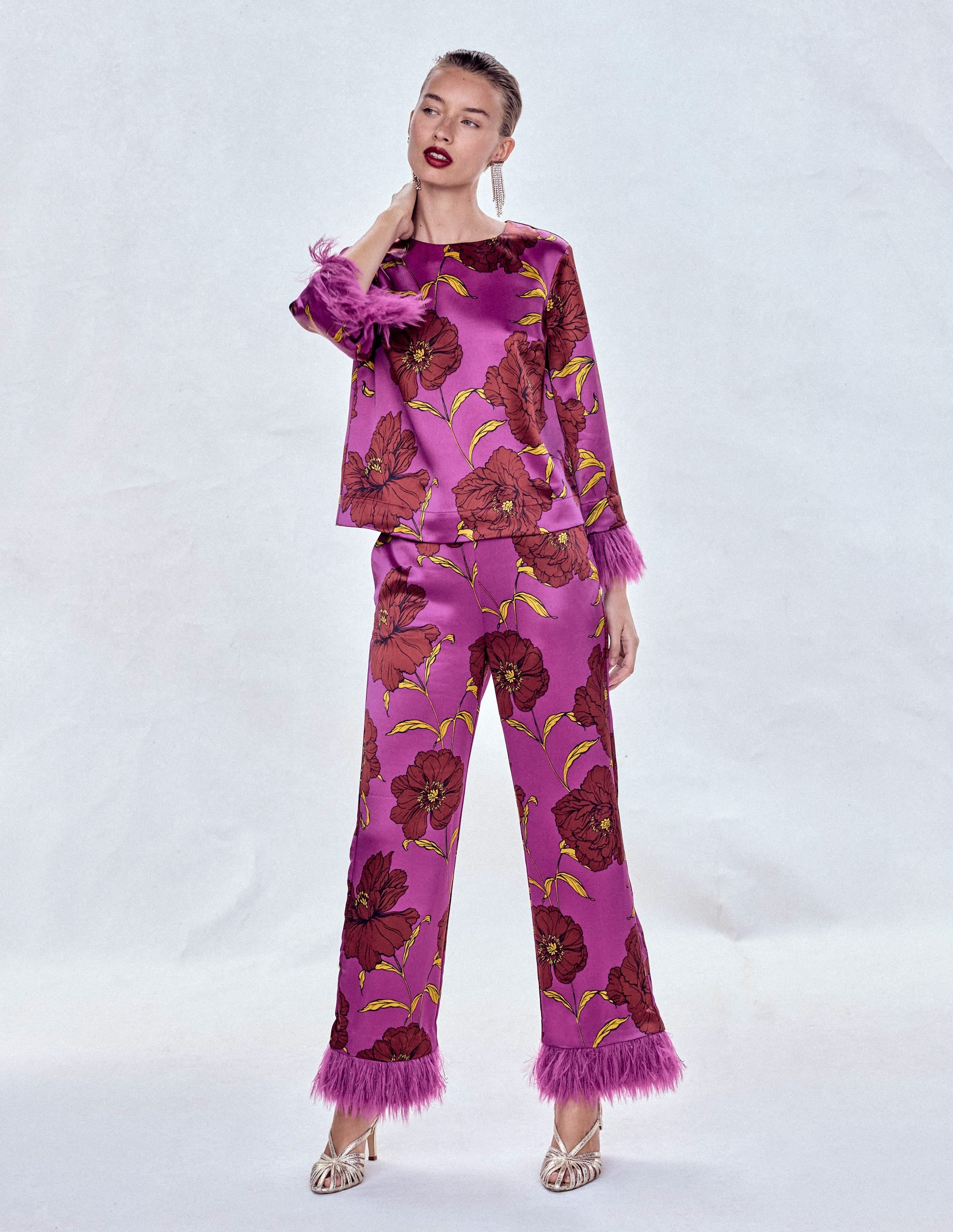 Faux Feather Trim Pants-Regal Purple, Peony Bloom - Image 7