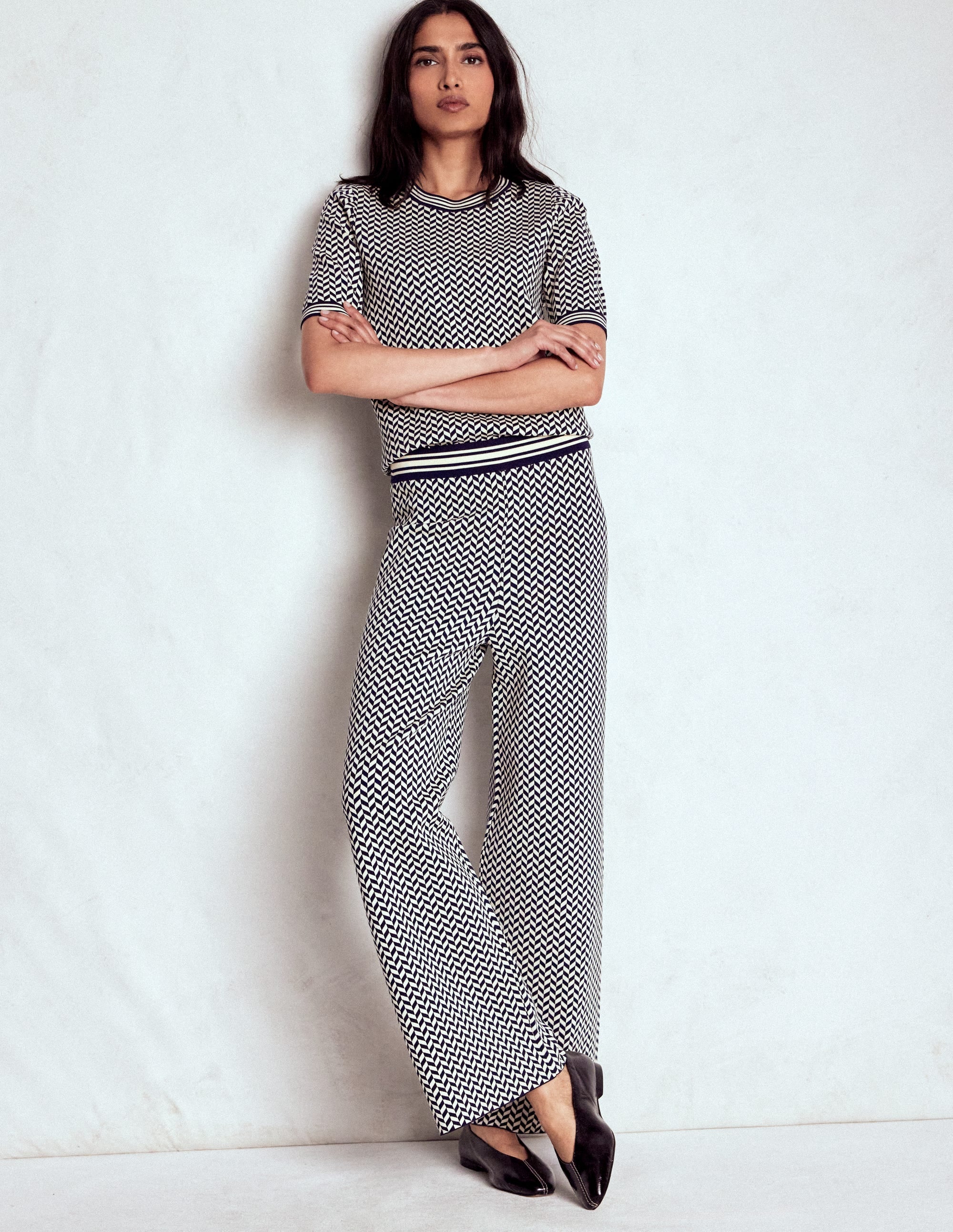 Jacquard Knitted Trousers-Geo Navy and Ivory Jacquard - Image 1