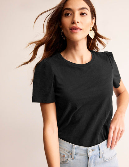 Cotton Puff Sleeve T-Shirt-Black-1