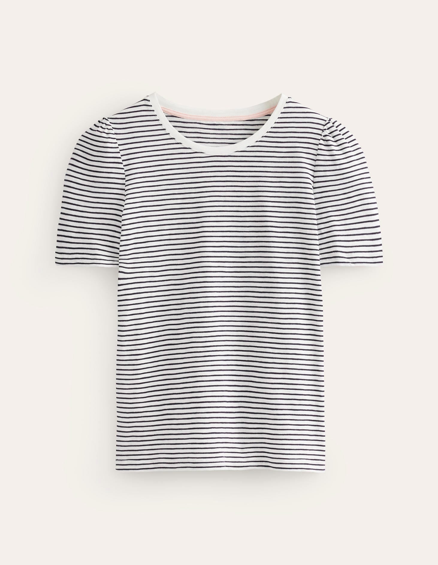 Cotton Puff Sleeve T-Shirt-Ivory, Navy Stripe-6