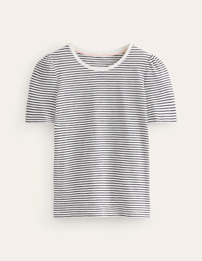 Cotton Puff Sleeve T-Shirt-Ivory, Navy Stripe-6