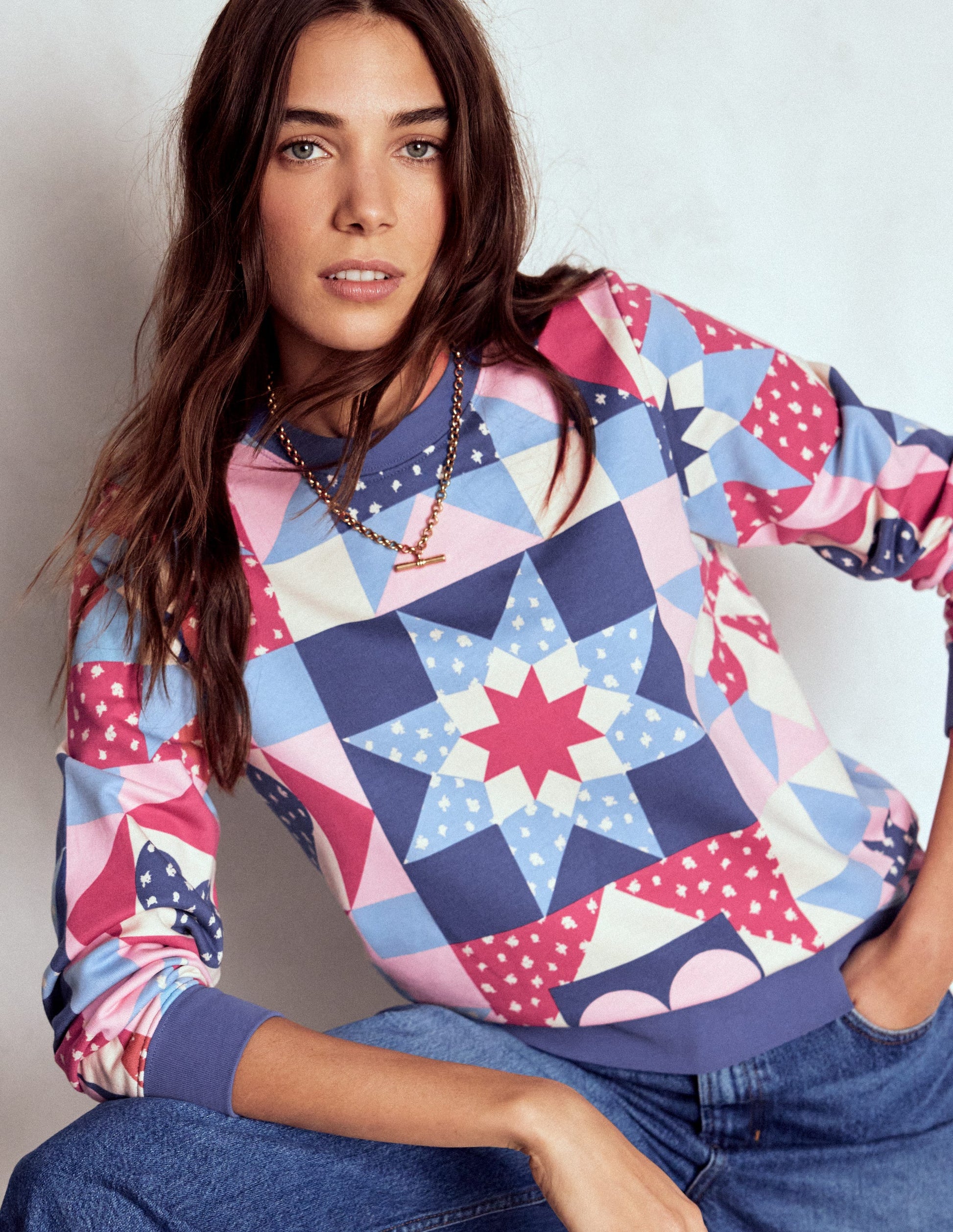 Hannah Printed Sweatshirt-Multi, Heart Patchwork-1