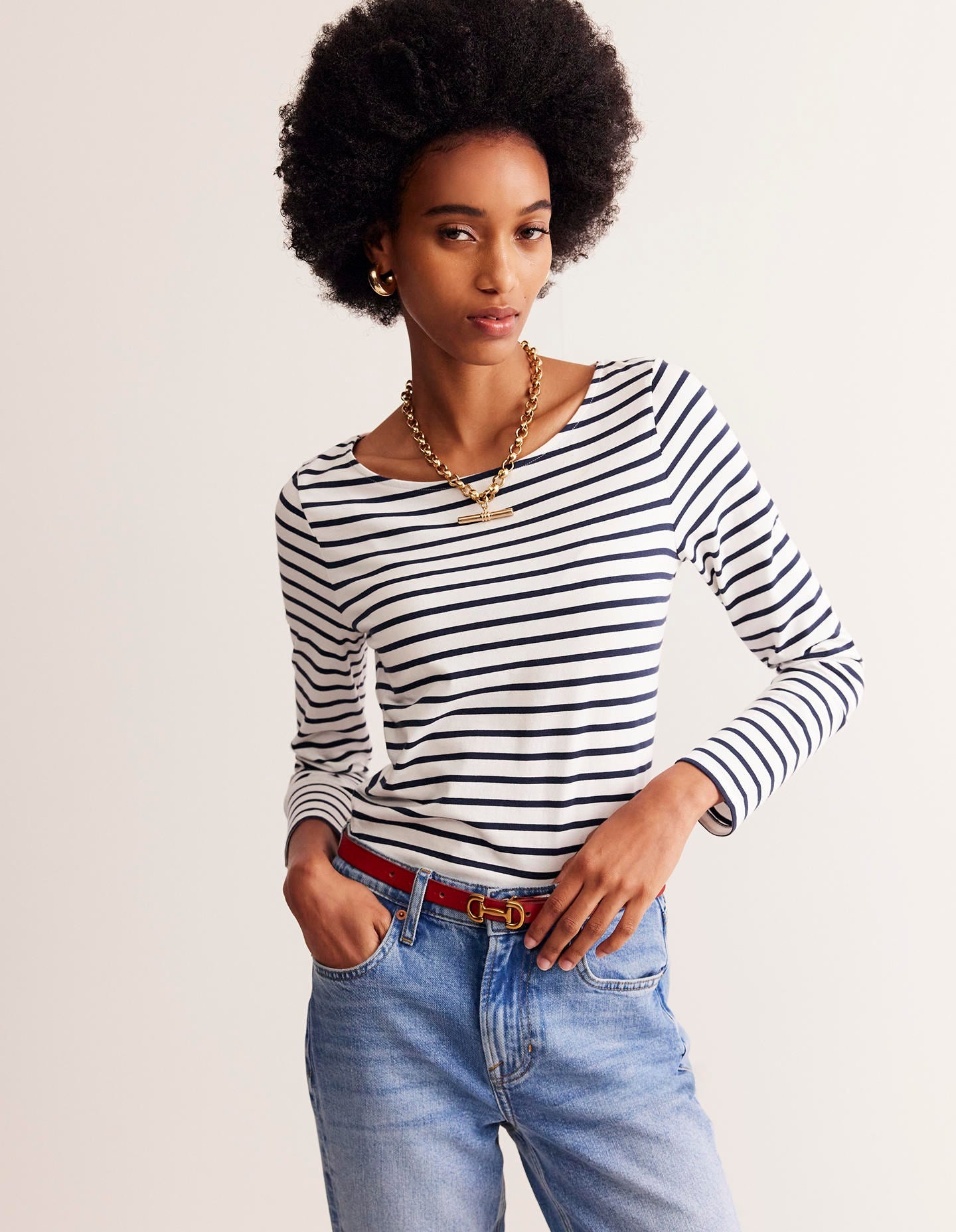 Ella Long Sleeve Breton-Ivory, Navy - Image 1