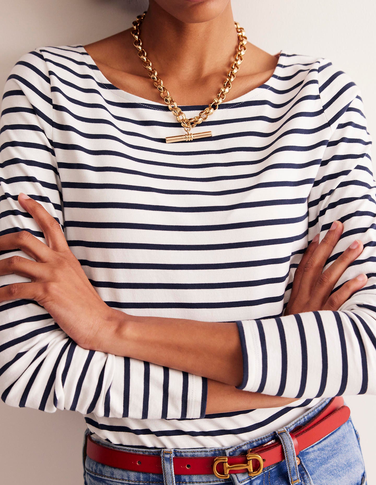 Ella Long Sleeve Breton-Ivory, Navy - Image 2