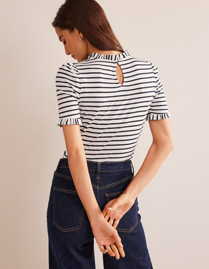 Supersoft Frill Detail T-shirt-Ivory, Navy Stripe-3