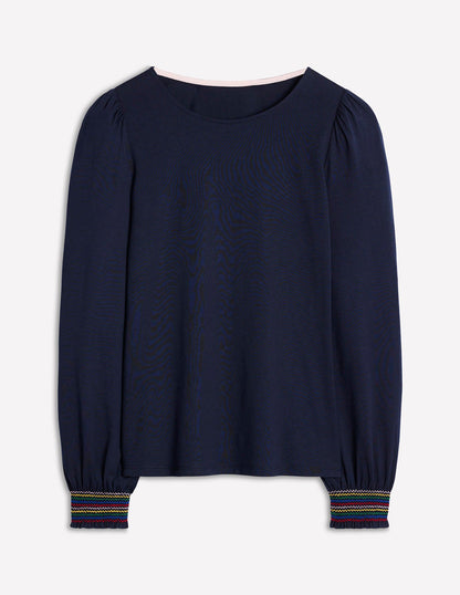Smocked Cuff Supersoft Top-Navy-5