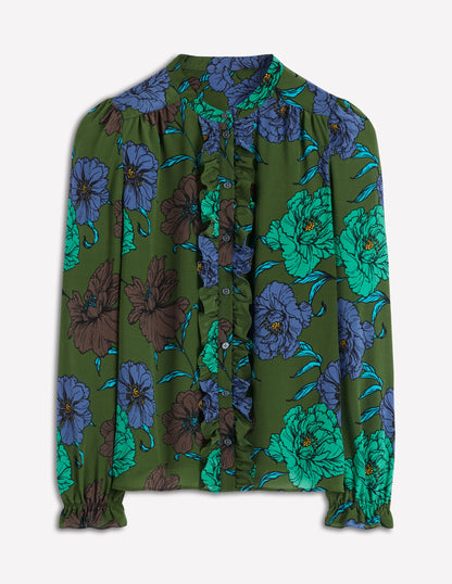 Alice Frill Front Silk Top-Green, Peony Bloom-6