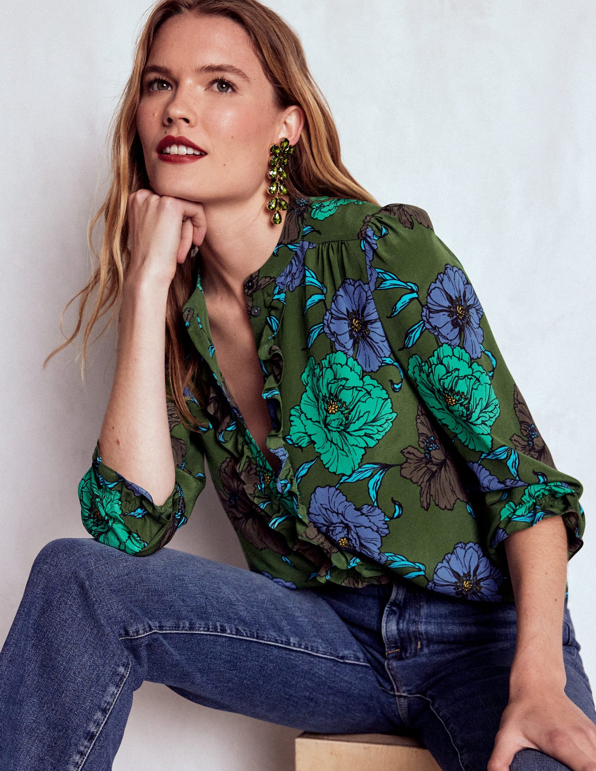 Alice Frill Front Silk Top-Green, Peony Bloom-2
