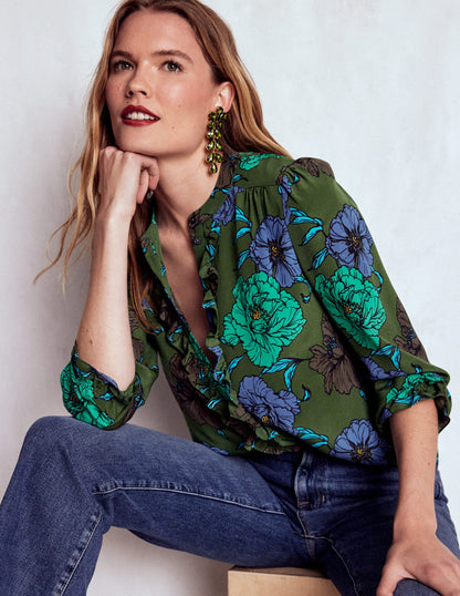 Alice Frill Front Silk Top-Green, Peony Bloom-2