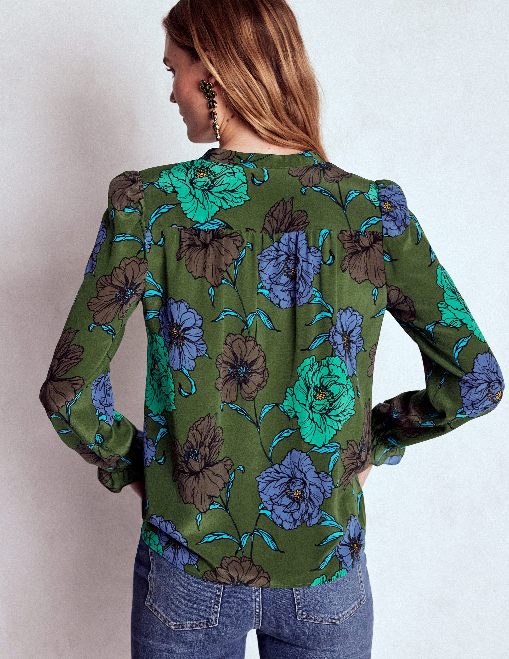 Alice Frill Front Silk Top-Green, Peony Bloom-4