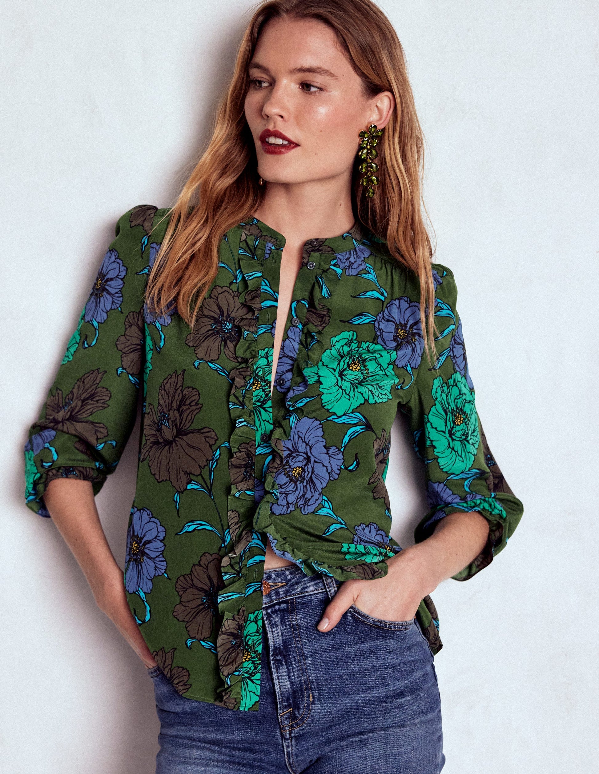 Alice Frill Front Silk Top-Green, Peony Bloom-5