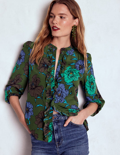 Alice Frill Front Silk Top-Green, Peony Bloom-5