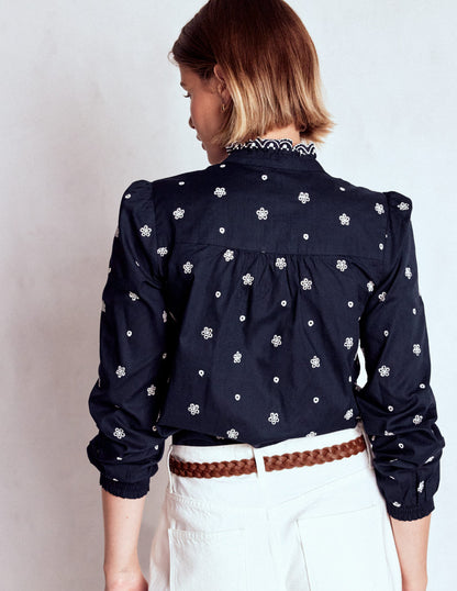 Helena Cotton Top-Navy, White Embroidery-3