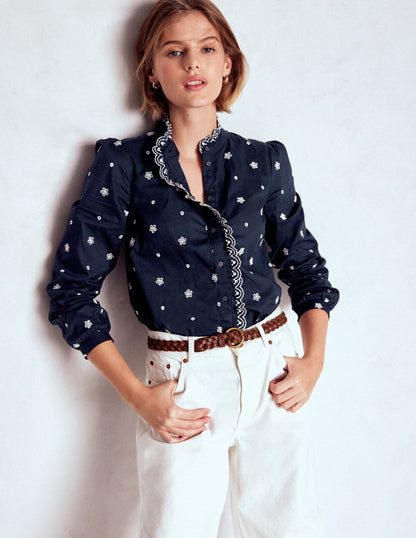 Helena Cotton Top-Navy, White Embroidery-4
