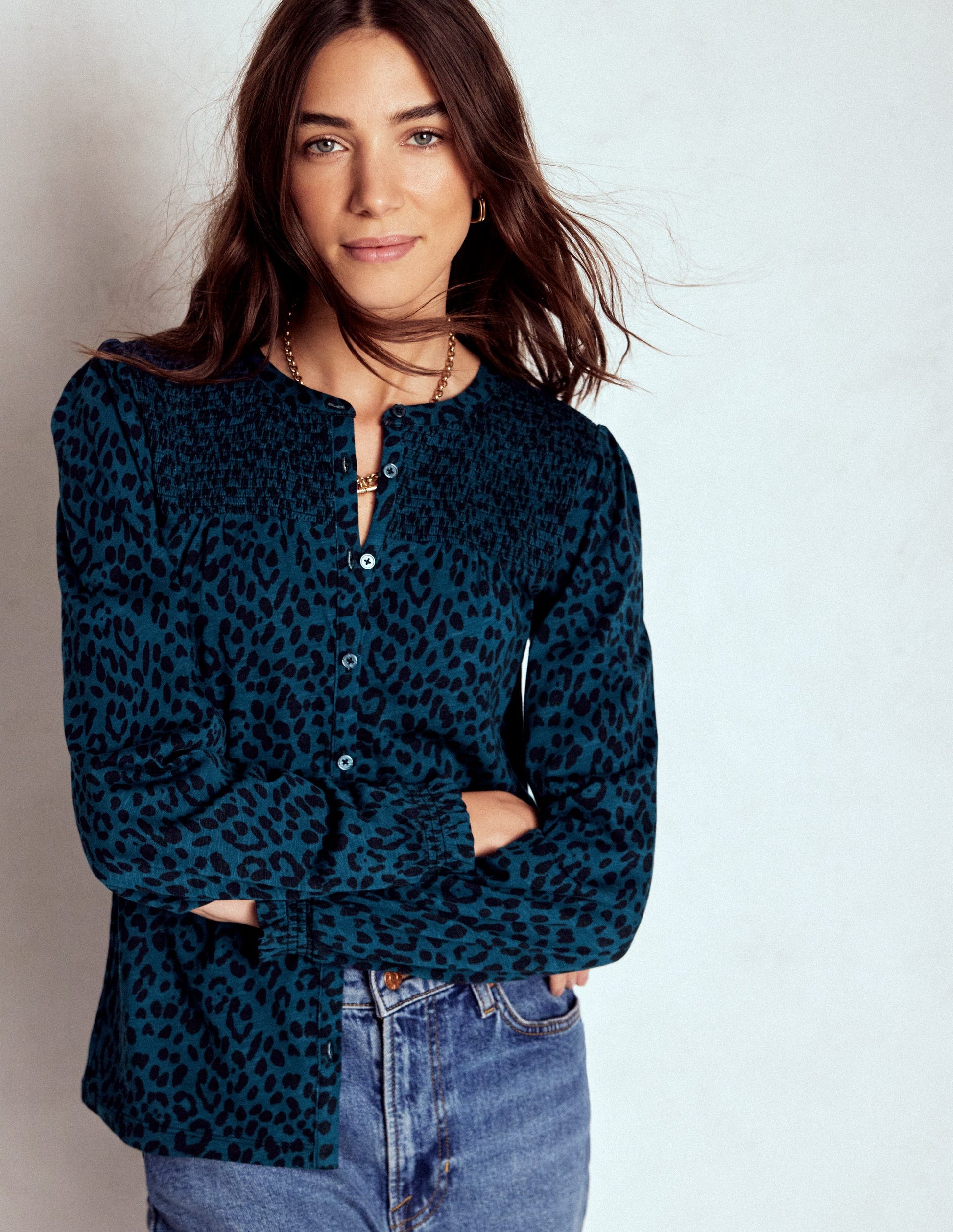 Elsa Smocked Yoke Jersey Shirt-Teal Leopard-1