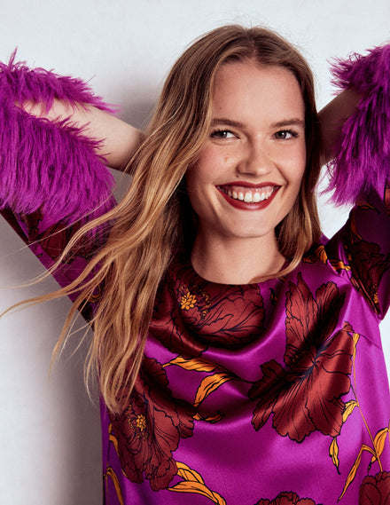 Faux Feather Trim Party Top-Regal Purple, Peony Bloom