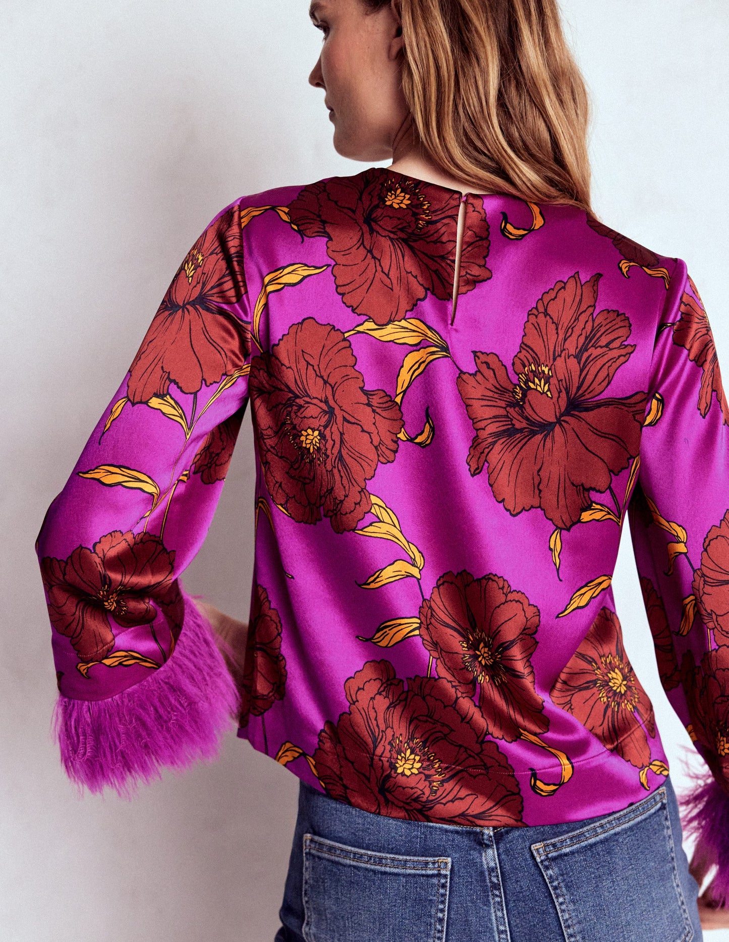 Faux Feather Trim Party Top-Regal Purple, Peony Bloom