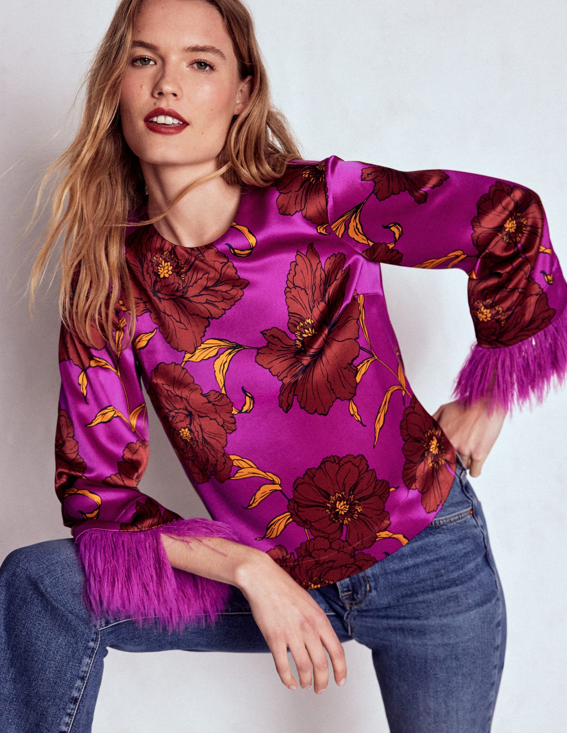 Faux Feather Trim Party Top-Regal Purple, Peony Bloom-4