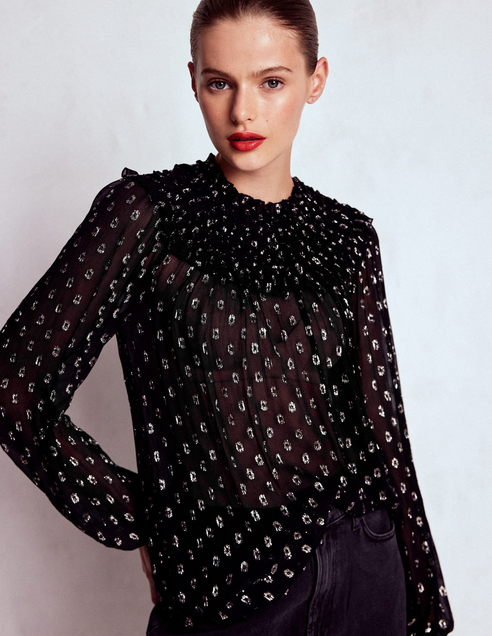 Metallic Ruffle Collar Top-Black, Lurex Clip - Image 1