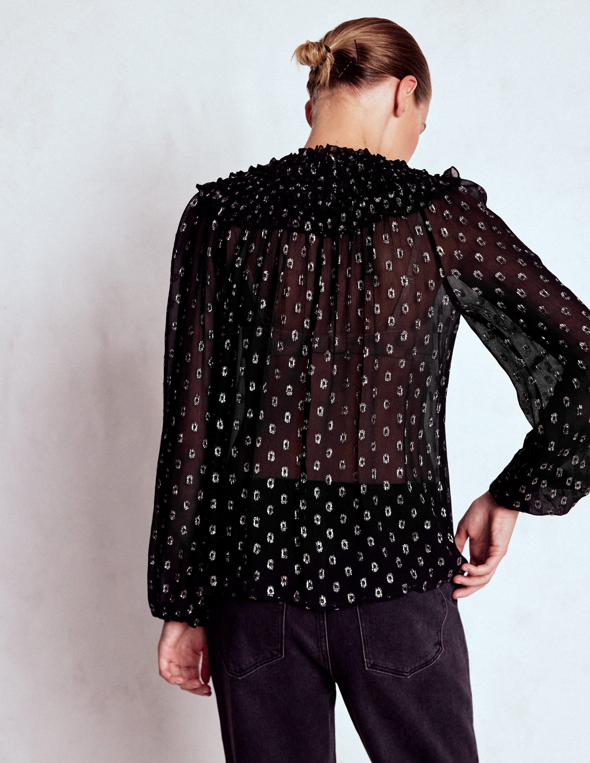 Metallic Ruffle Collar Top-Black, Lurex Clip | Boden USA
