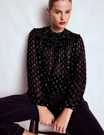 Metallic Ruffle Collar Top-Black, Lurex Clip-6