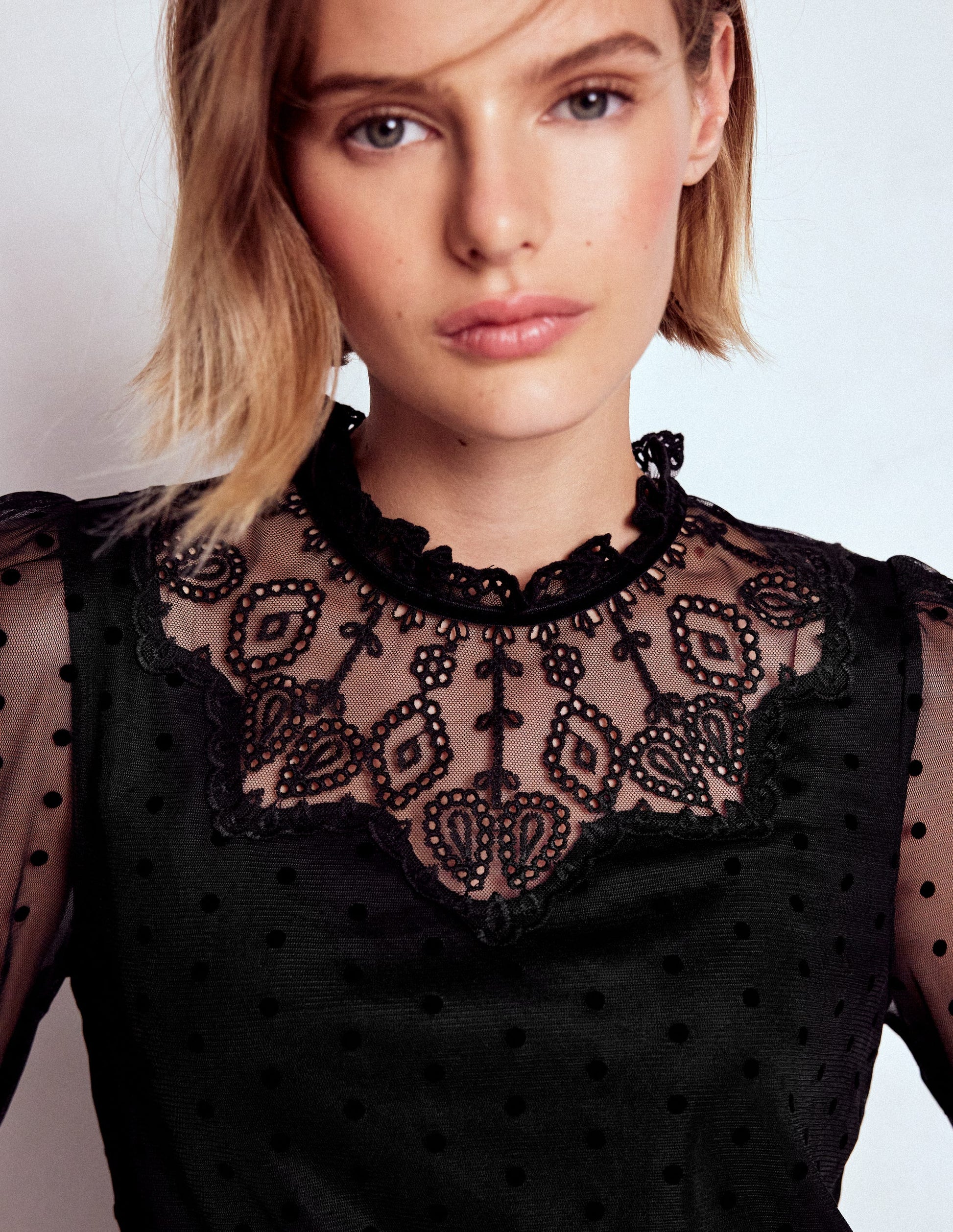 Tulle Yoke Embroidered Top-Black Spot-2