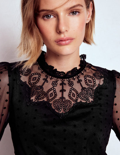 Tulle Yoke Embroidered Top-Black Spot-2