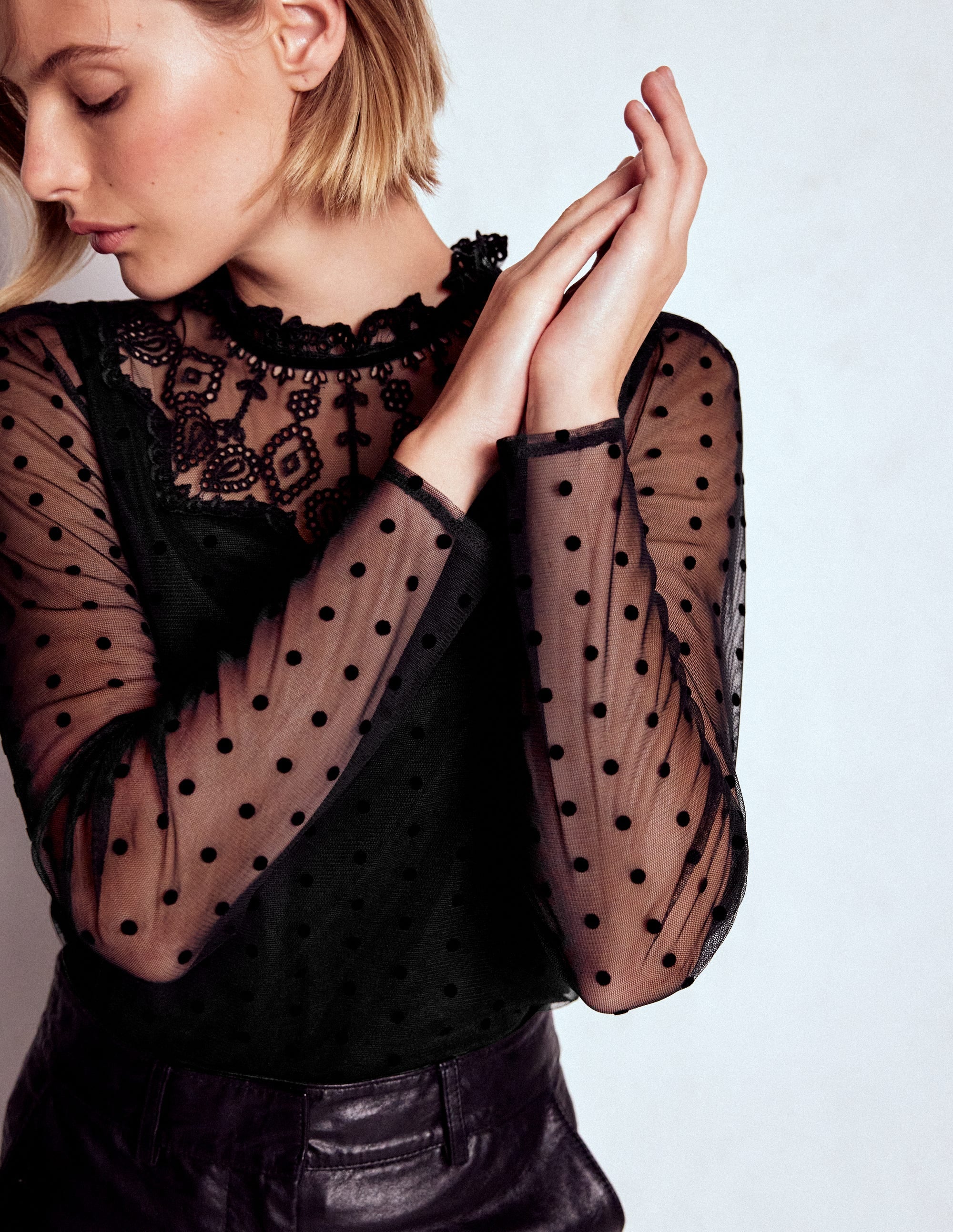 Tulle Yoke Embroidered Top-Black Spot | Boden USA