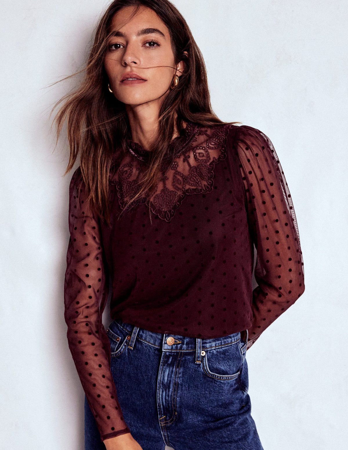 Tulle Yoke Embroidered Top-Dark Cherry - Image 1