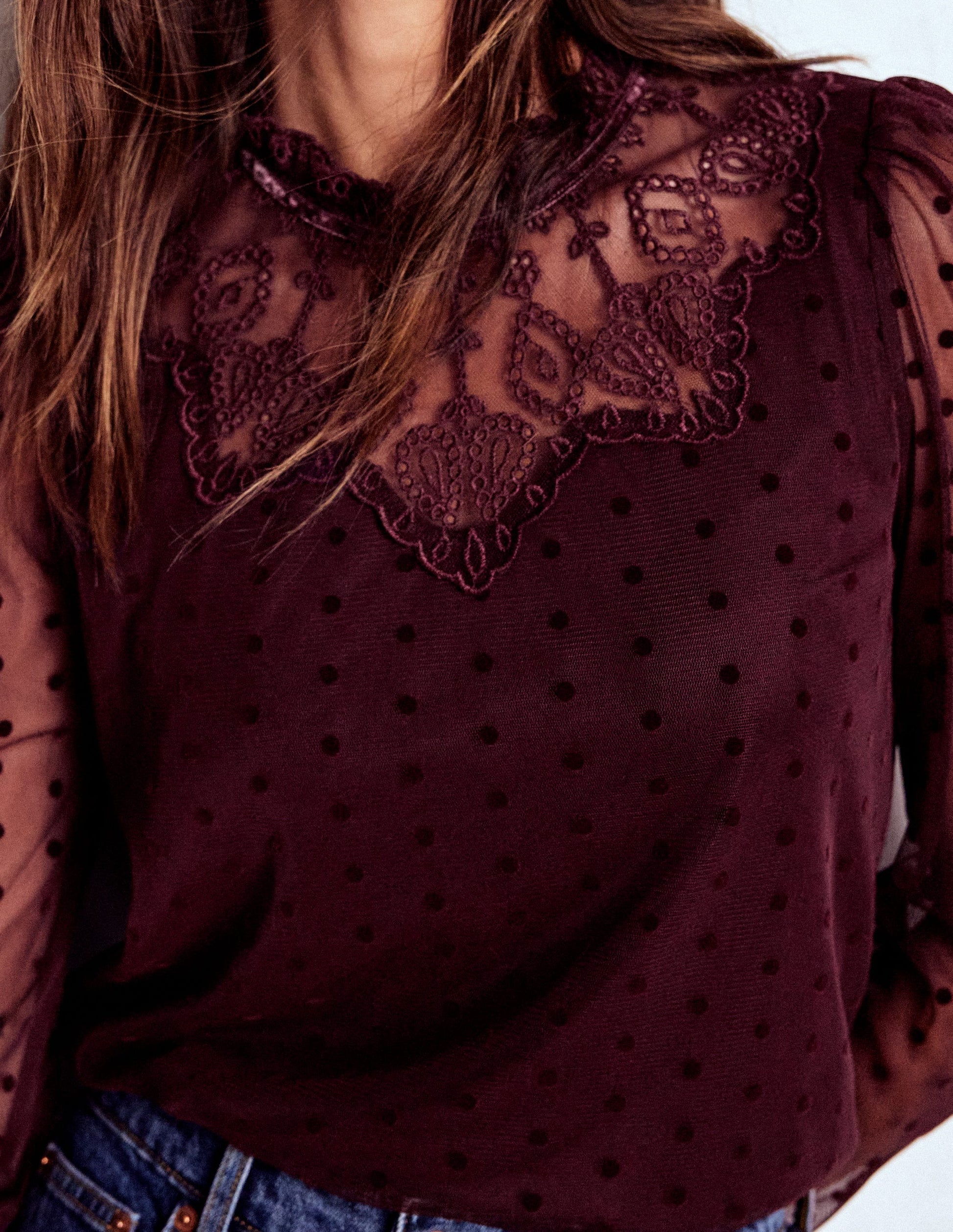 Tulle Yoke Embroidered Top-Dark Cherry-2