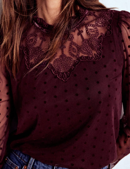 Tulle Yoke Embroidered Top-Dark Cherry-2