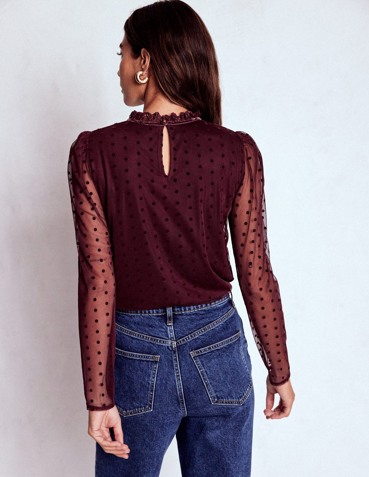 Tulle Yoke Embroidered Top-Dark Cherry - Image 3