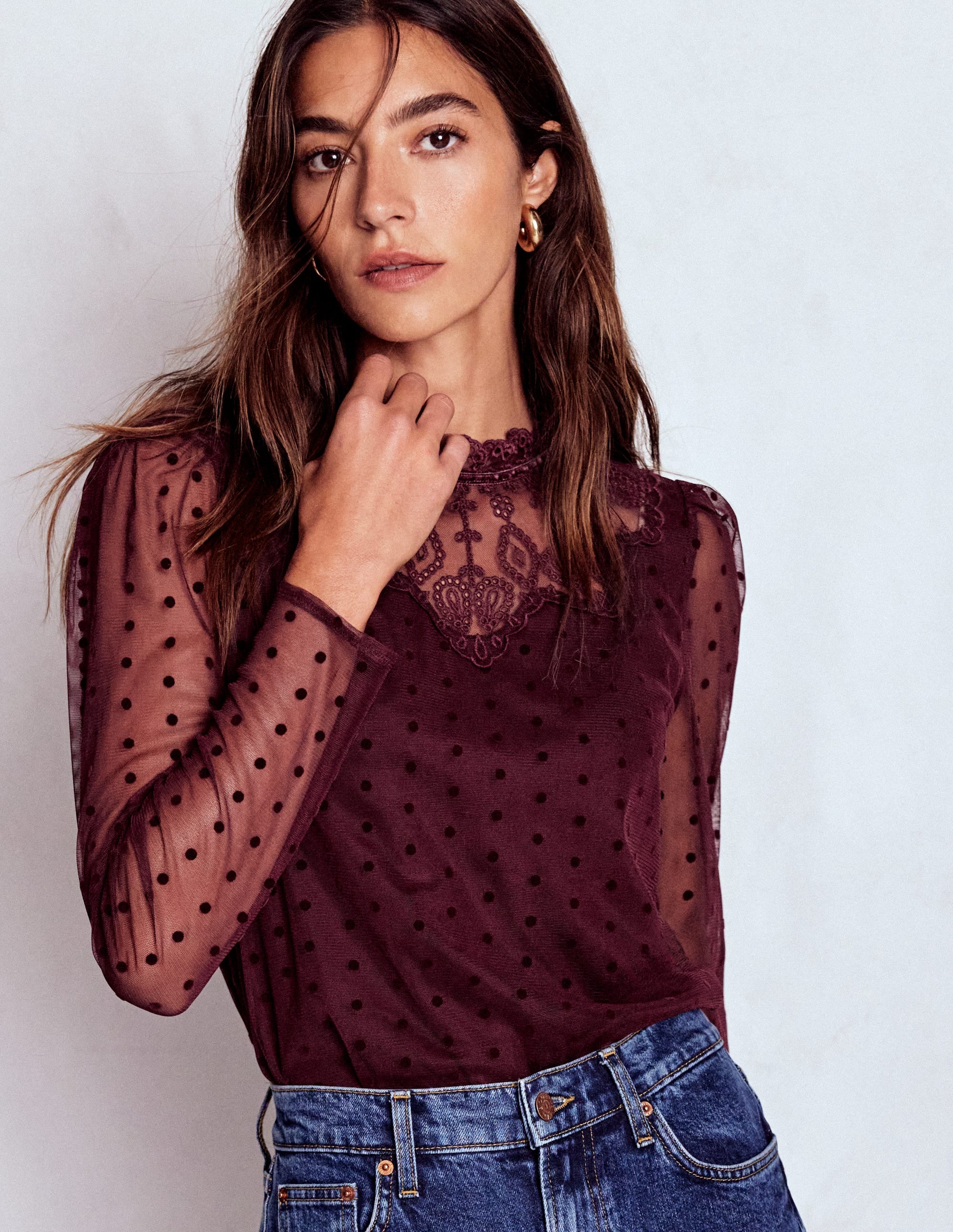 Tulle Yoke Embroidered Top-Dark Cherry - Image 4