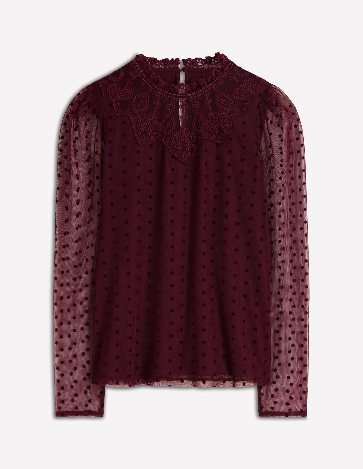 Tulle Yoke Embroidered Top-Dark Cherry - Image 6
