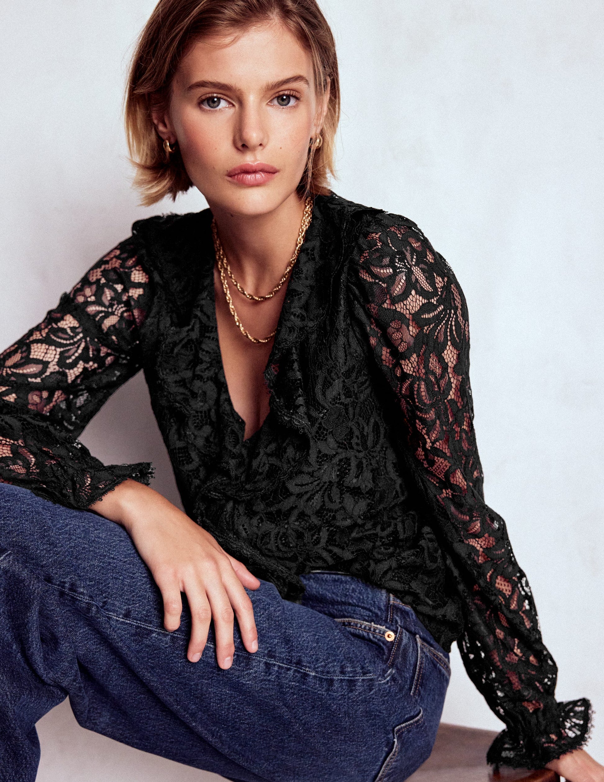 Boden Women's Ruffle Detail Lace Blouse in Black