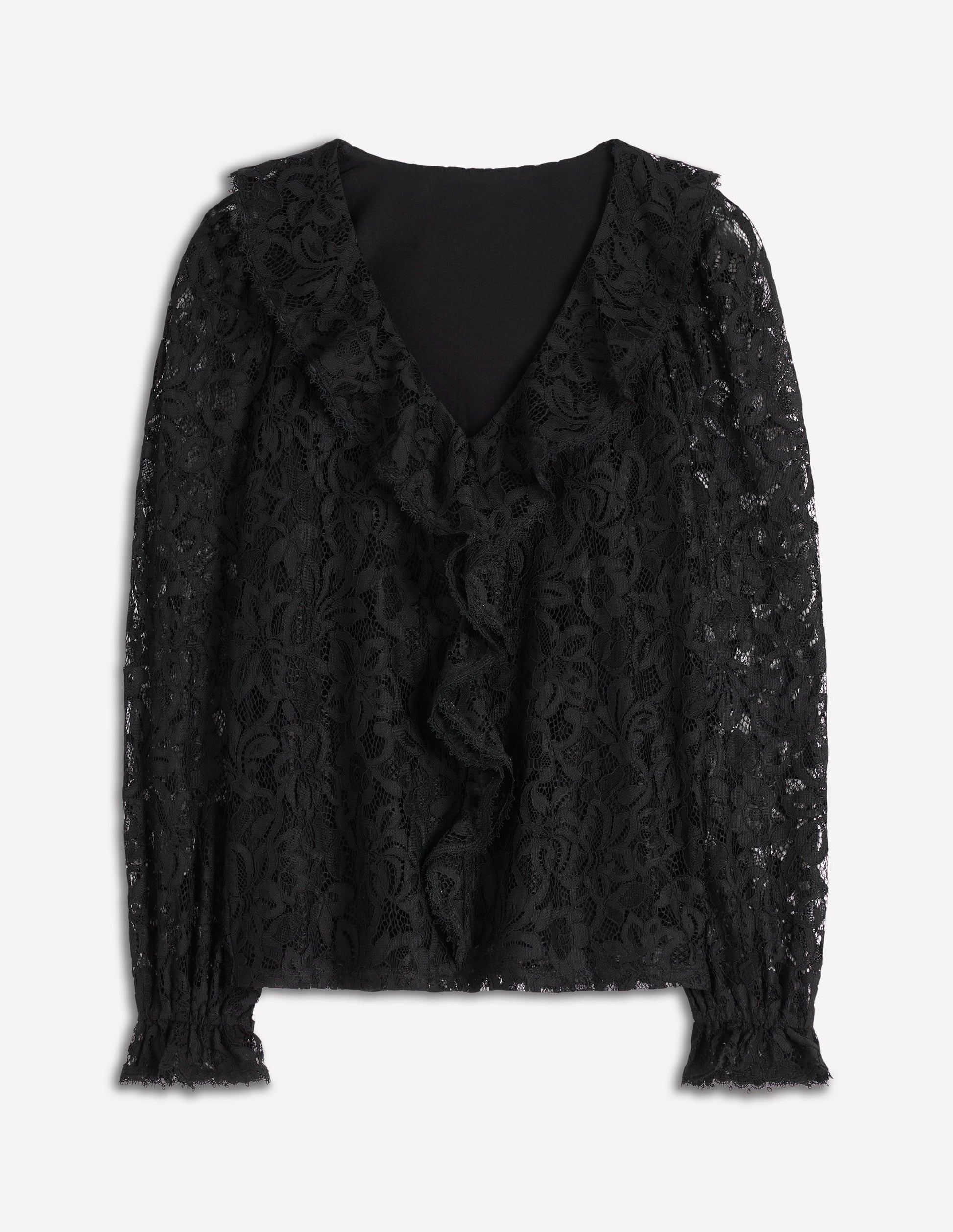 Boden Women's Ruffle Detail Lace Blouse in Black | Size 6 Boden Women's Ruffle Detail Lace Blouse in Black | Size 6