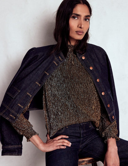 Smocked Neck Metallic Top-Metallic-2