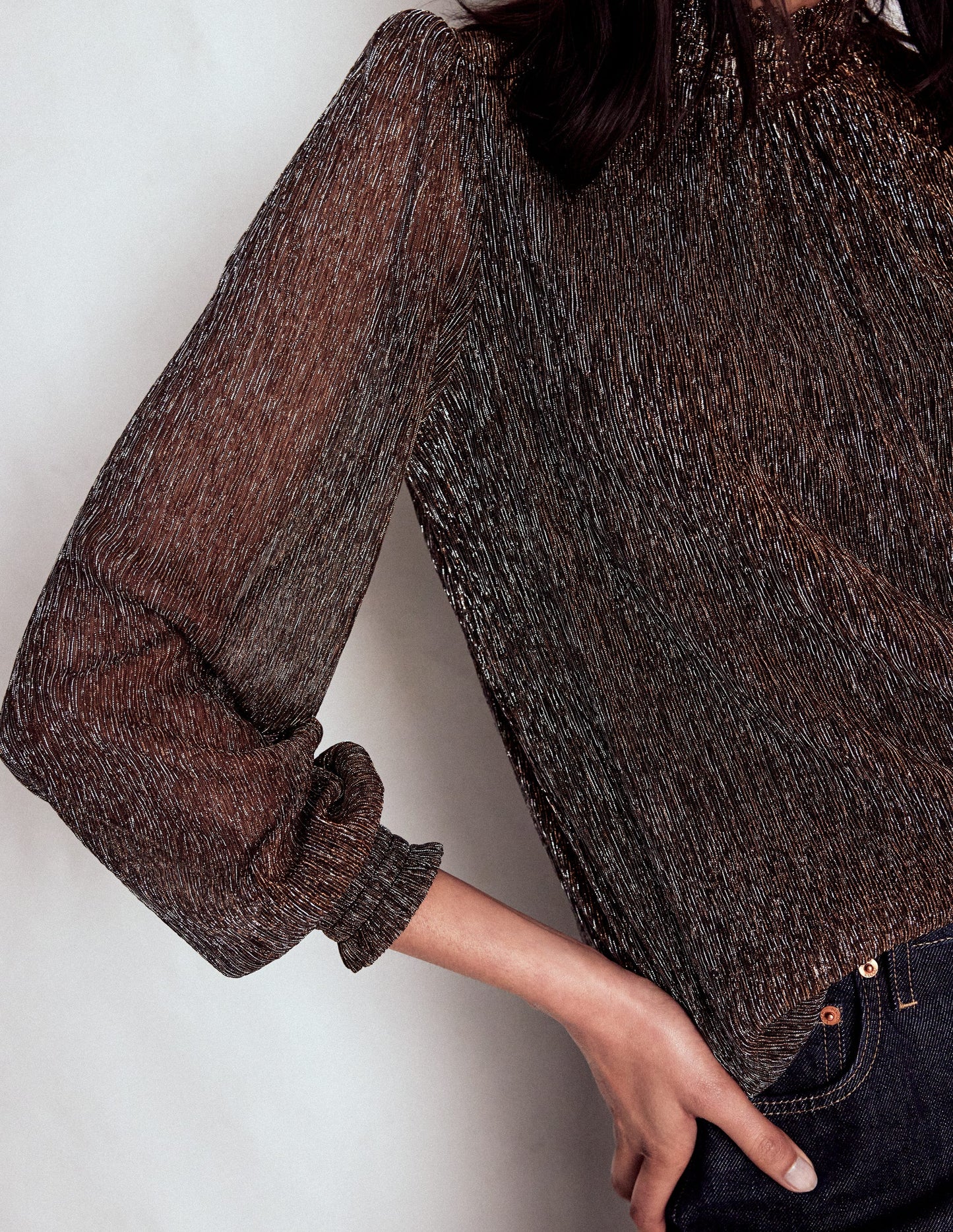 Smocked Neck Metallic Top-Metallic