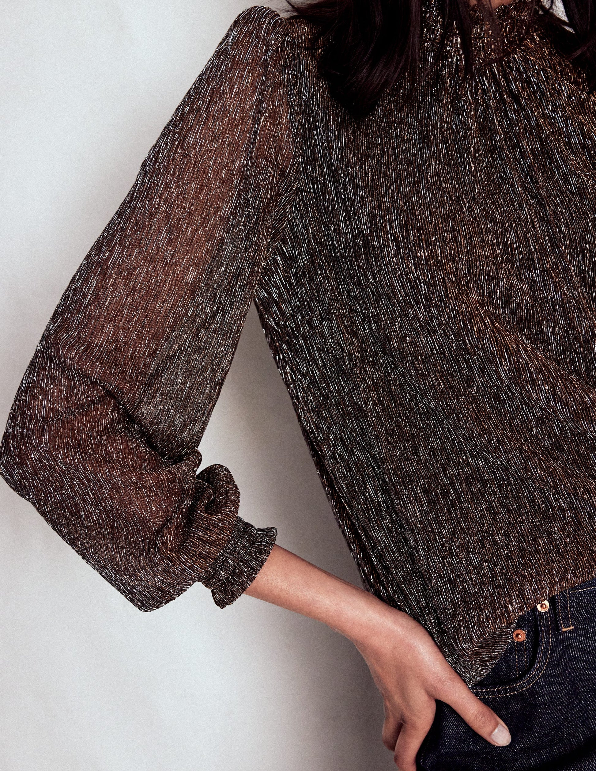 Smocked Neck Metallic Top-Metallic-3