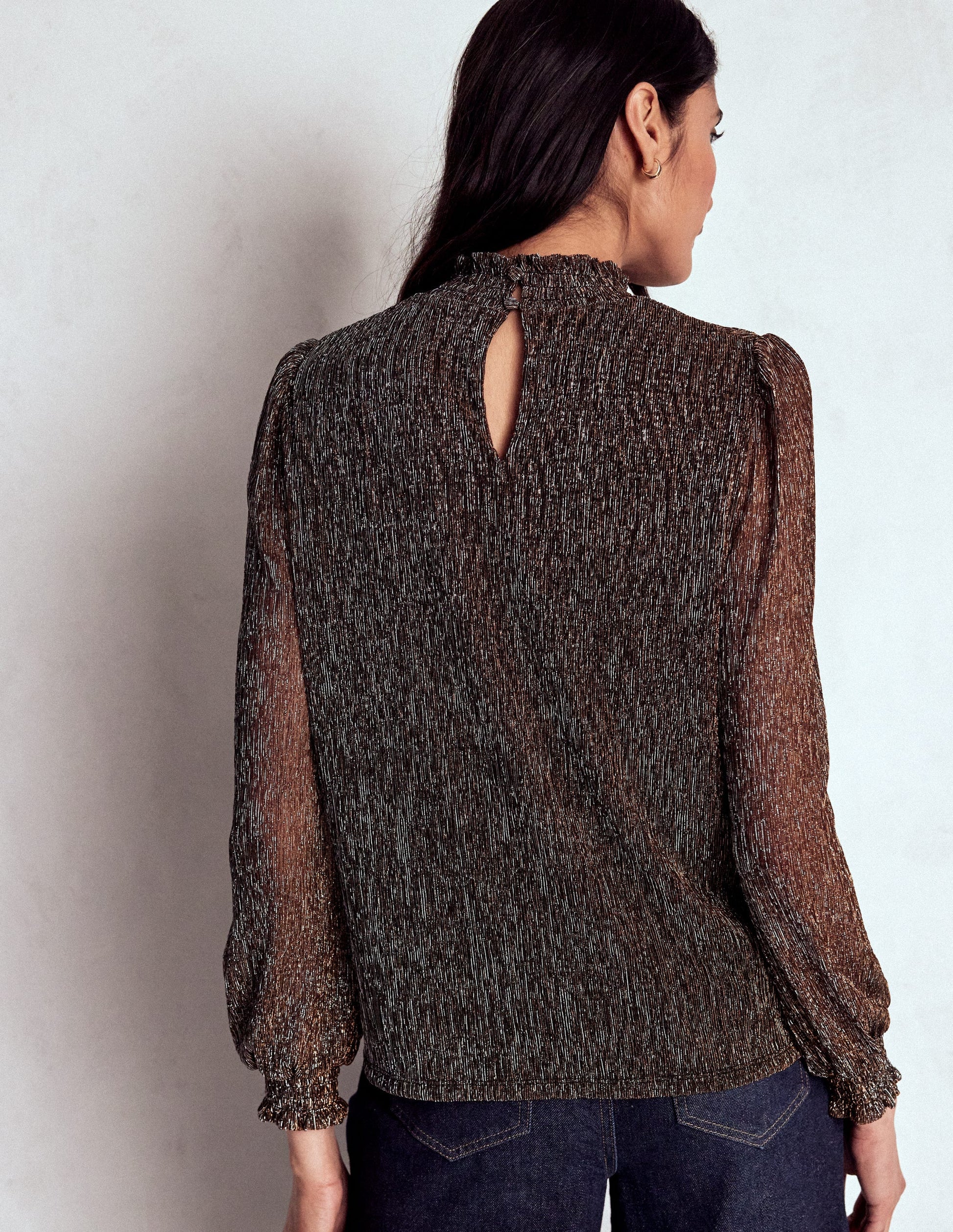 Smocked Neck Metallic Top-Metallic-4