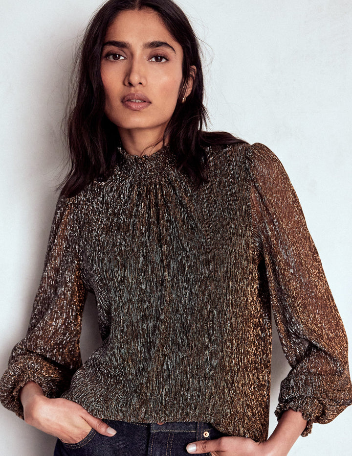 Smocked Neck Metallic Top-Metallic