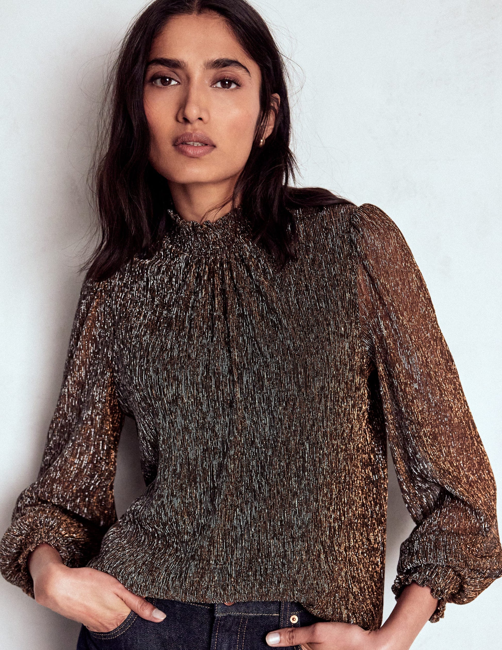 Smocked Neck Metallic Top-Metallic-1