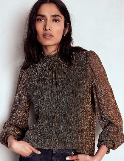 Smocked Neck Metallic Top-Metallic-1