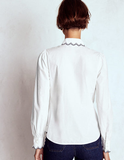 Embroidered Cotton Shirt-White, Navy Embroidery-3