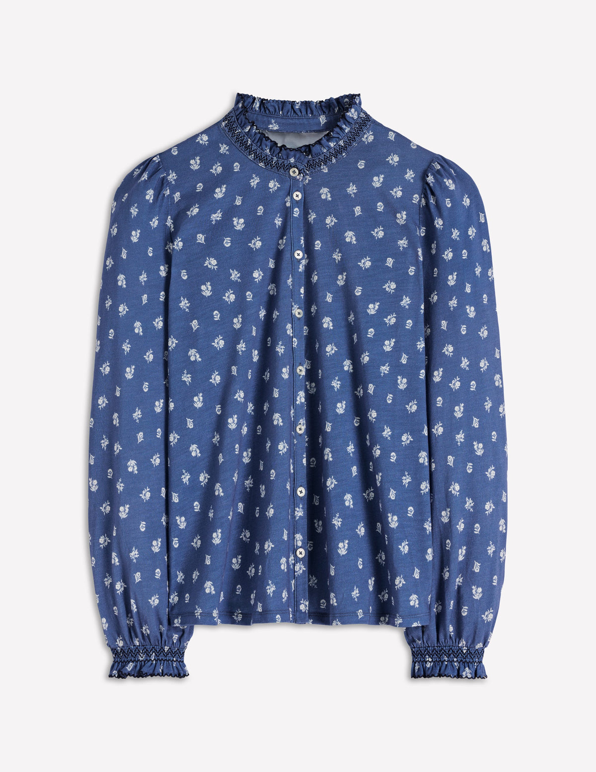 Effie Smocked Detail Shirt-True Navy, Flower Press Small - Image 6