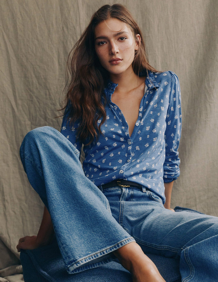 Effie Smocked Detail Shirt-True Navy, Flower Press Small